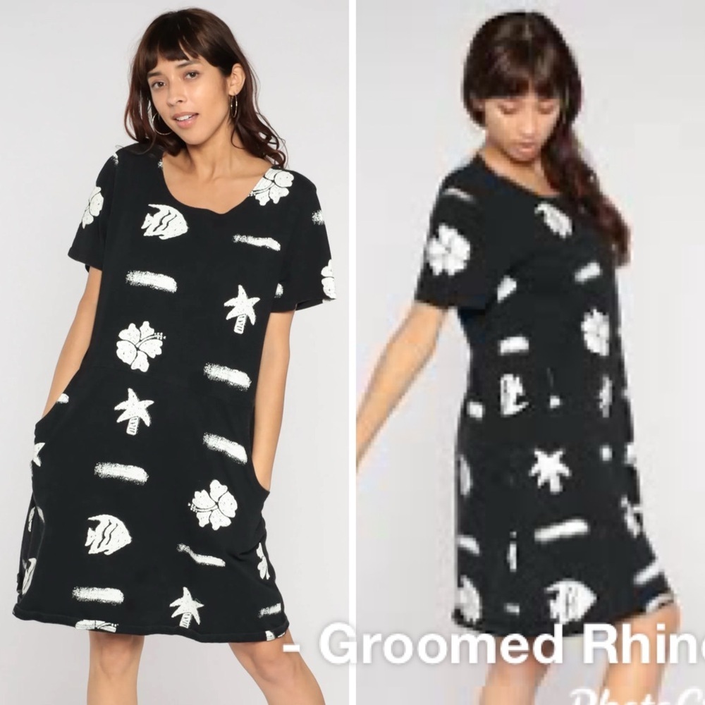 Red Ginger Black/White Tropical Fish Hibiscus Print Shirt Dress Size L